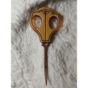 Vintage Pyralin Celluloid Art Deco Embroidery Scissors Rhinestone Amber Cream
